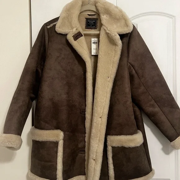 Abercrombie & Fitch Brown Suede Jacket with Cream Shearling Trim - Picture 1 of 10